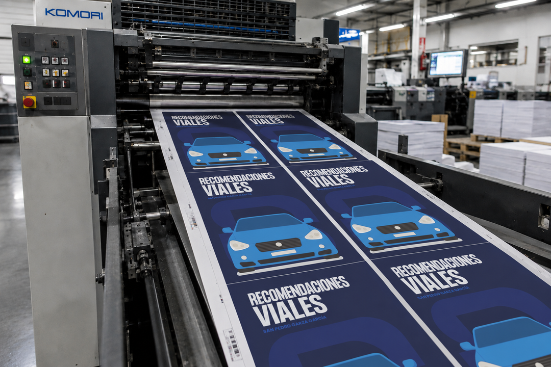 Portadas de libros impresas en pliego saliendo de prensa offset.