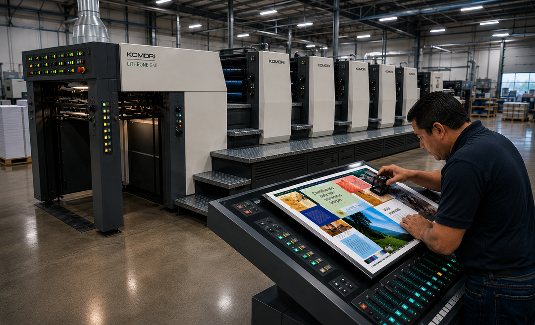 Operador revisando un pliego impreso a color junto a una máquina de impresión offset Komori en una imprenta industrial.