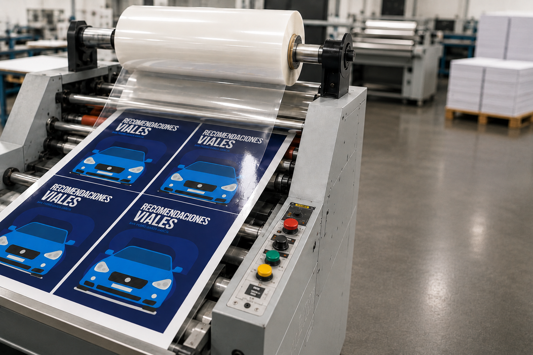  Pliego de portadas de libros recibiendo laminado transparente.