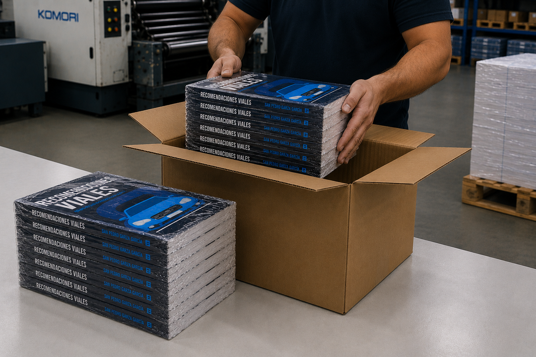 Libros empacados en caja al finalizar la producción.