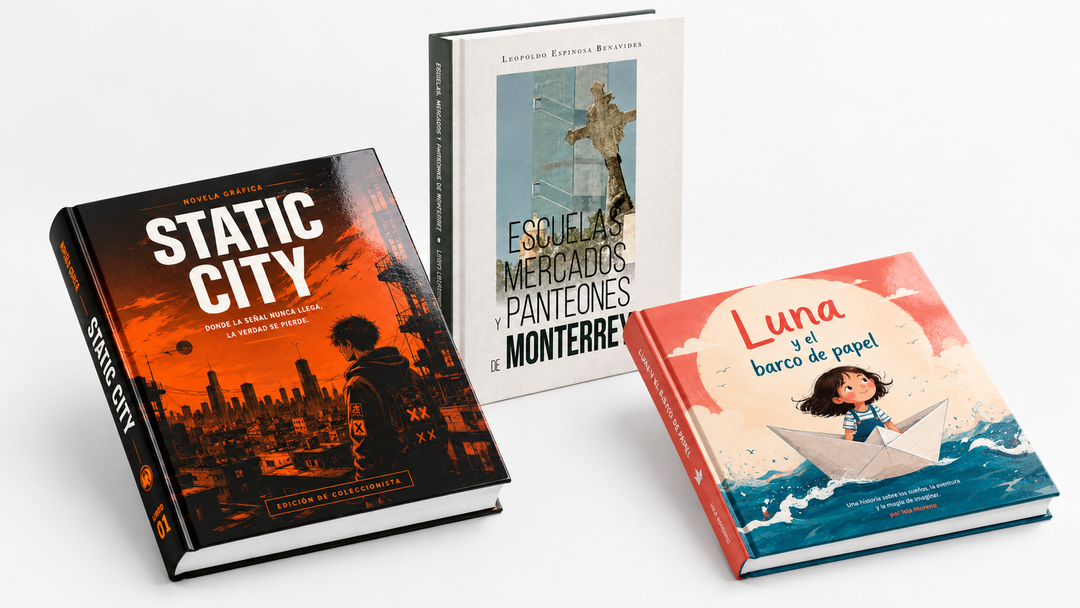 Ejemplos de libros de pasta dura institucional, editorial e infantil. 