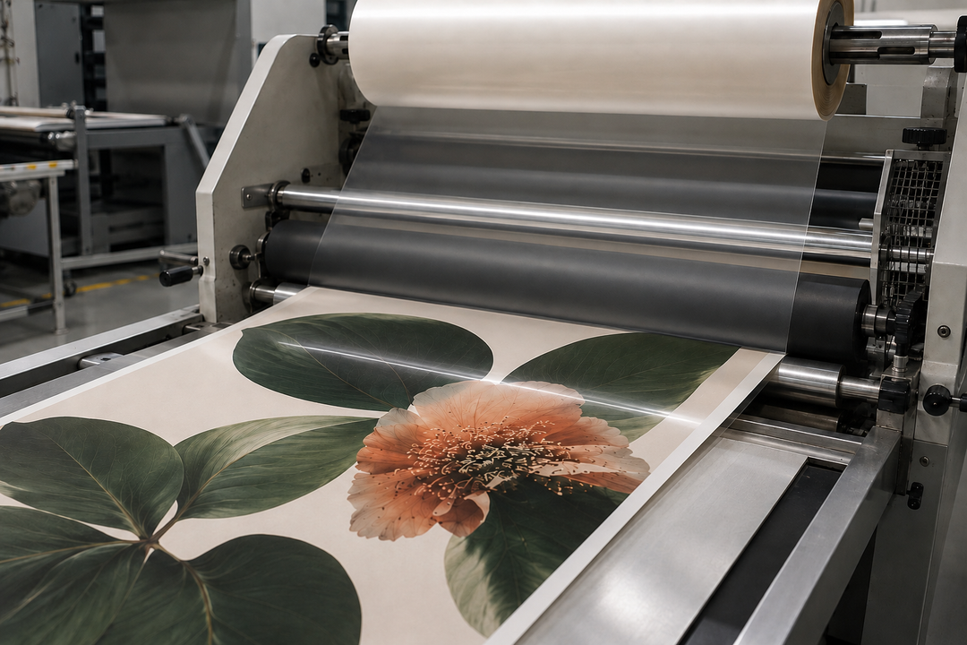  Laminado de un póster impreso a color durante el proceso de producción.