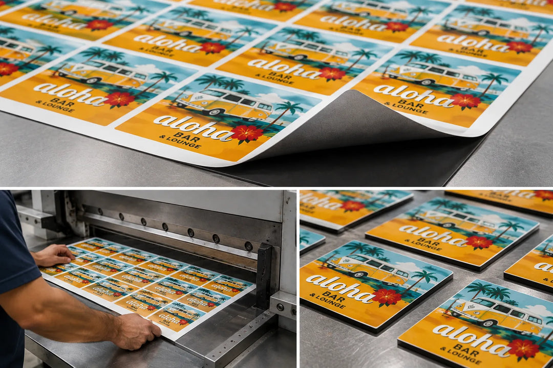 Un montaje que muestra etiquetas o tarjetas rectangulares impresas con una escena de playa tropical y el texto «aloha BAR & GOURMET», junto con un trabajador utilizando una guillotina para papel sobre una hoja que contiene varias de estas piezas, en un entorno de taller.
