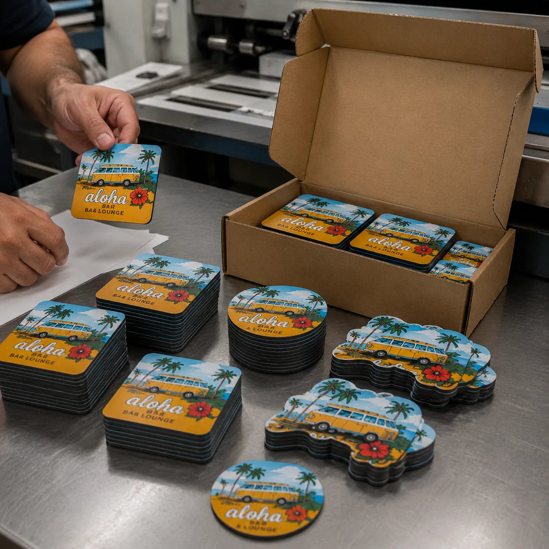 Proceso de revisión y empaque de imanes personalizados a color, con diferentes formas y cortes, organizados para su entrega.