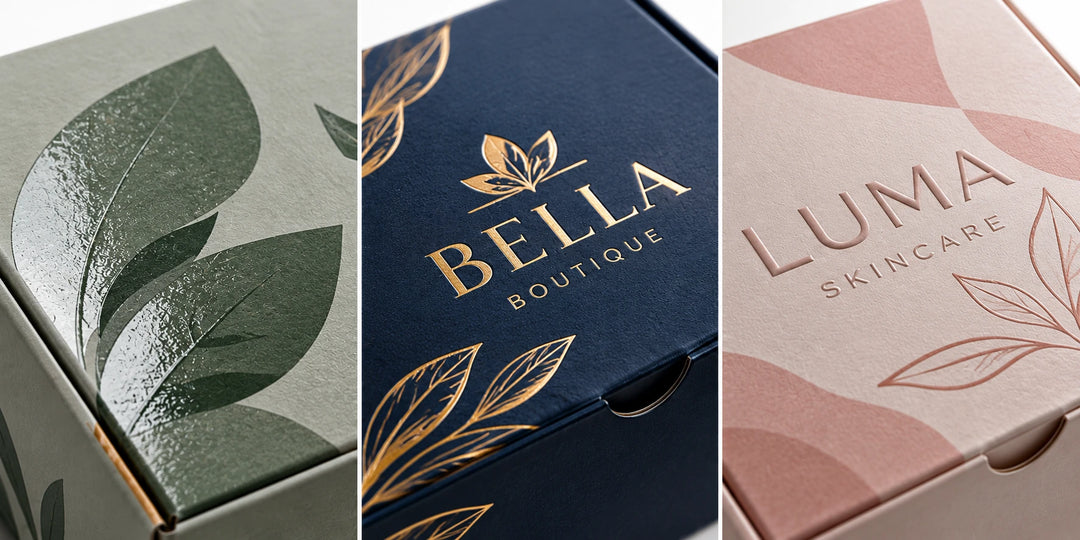 Detalles de barniz UV a registro, hot stamping dorado y relieve en cajas plegadizas
