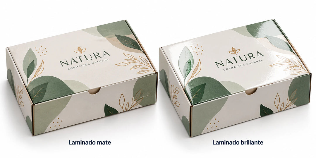Comparación de cajas plegadizas con el mismo diseño en laminado mate y brillante