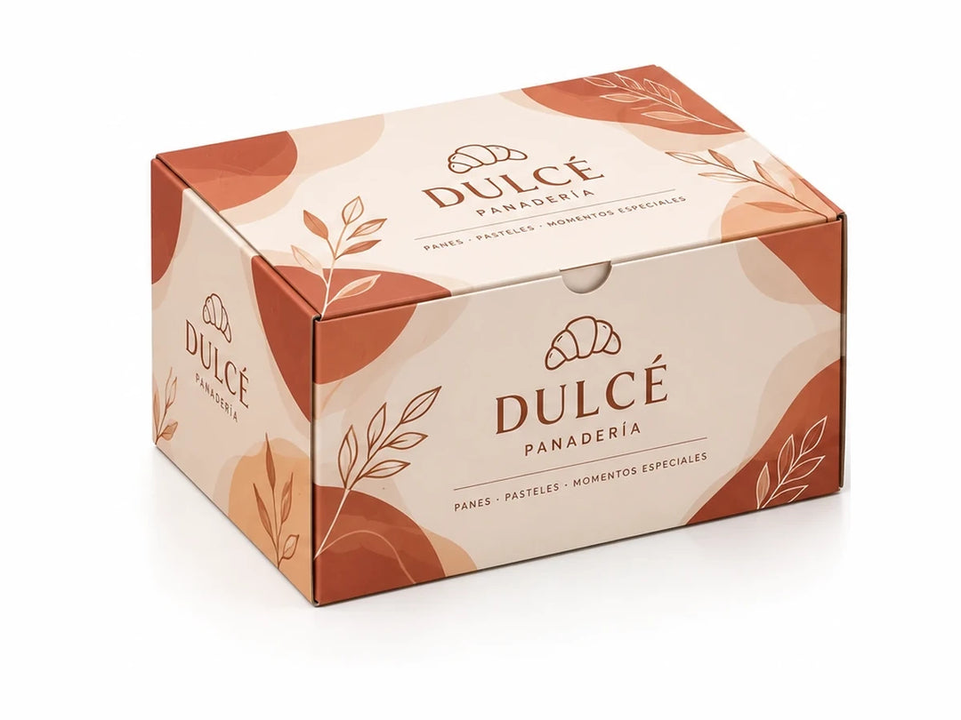 Caja plegadiza para panadería con diseño impreso en tonos crema y terracota