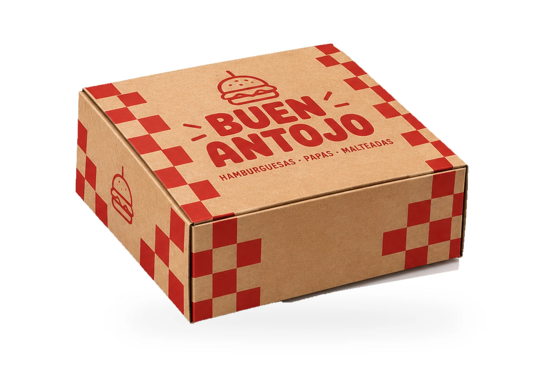 Caja plegadiza de papel kraft con impresión roja personalizada para empaque de alimentos