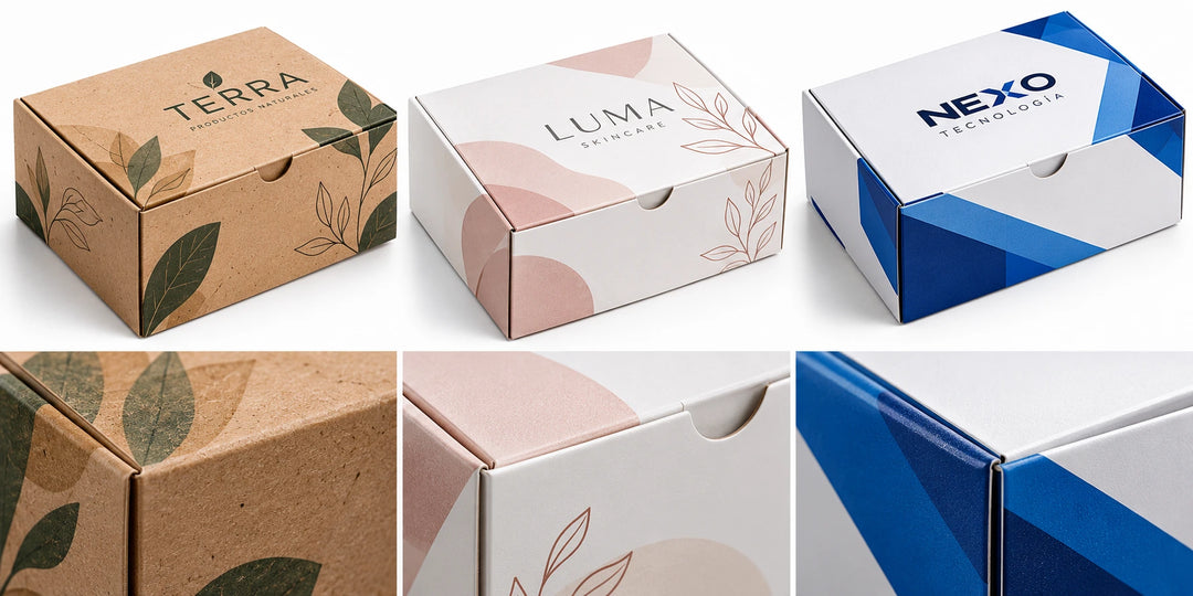 Cajas plegadizas con diferentes diseños impresos sobre papel kraft y papeles blancos