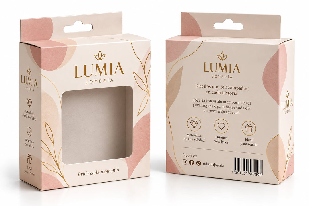 Cajas plegadizas personalizadas para joyería con ventana troquelada, impresión a color y vistas frontal y posterior.
