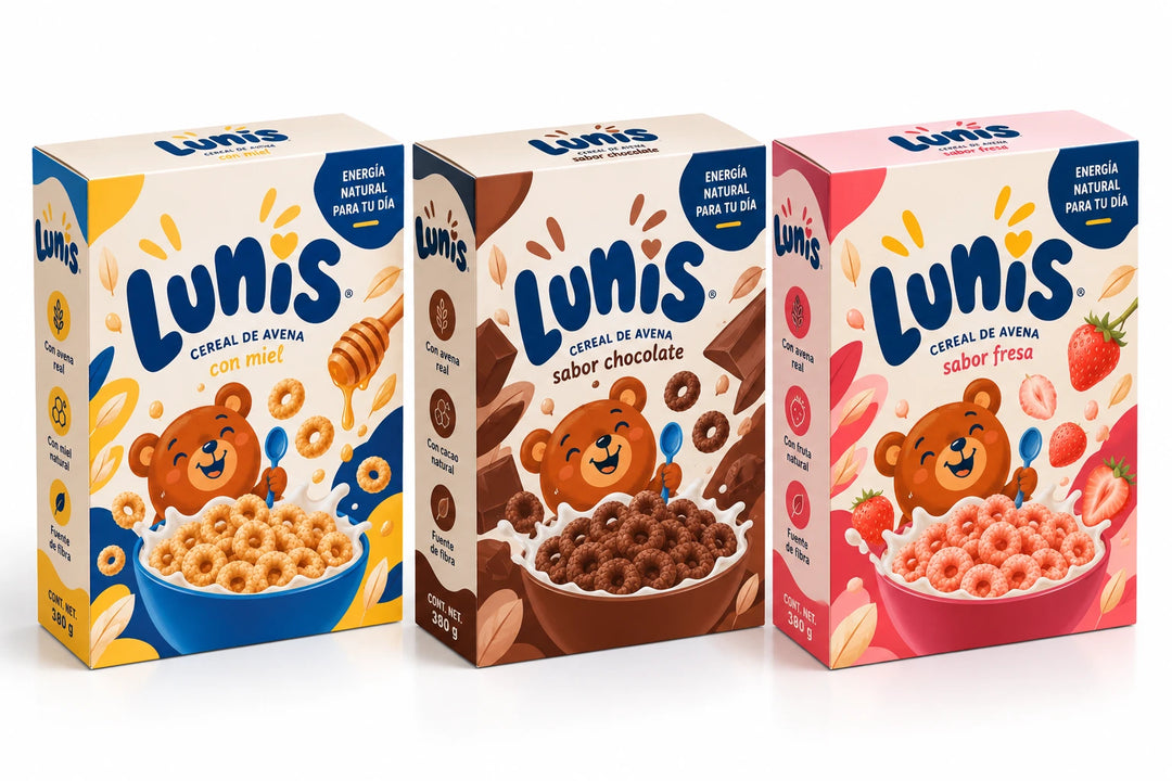Tres cajas plegadizas de cereal con un mismo diseño de empaque personalizado para diferentes sabores