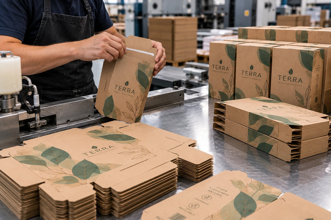 Operador realizando el pegado y preparación de cajas plegadizas de papel kraft
