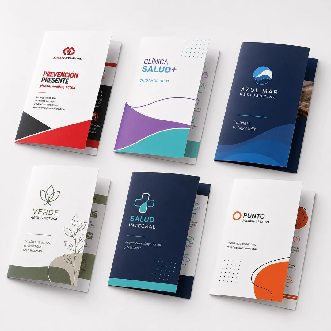 Dípticos y trípticos impresos para proyectos comerciales, institucionales y de salud.