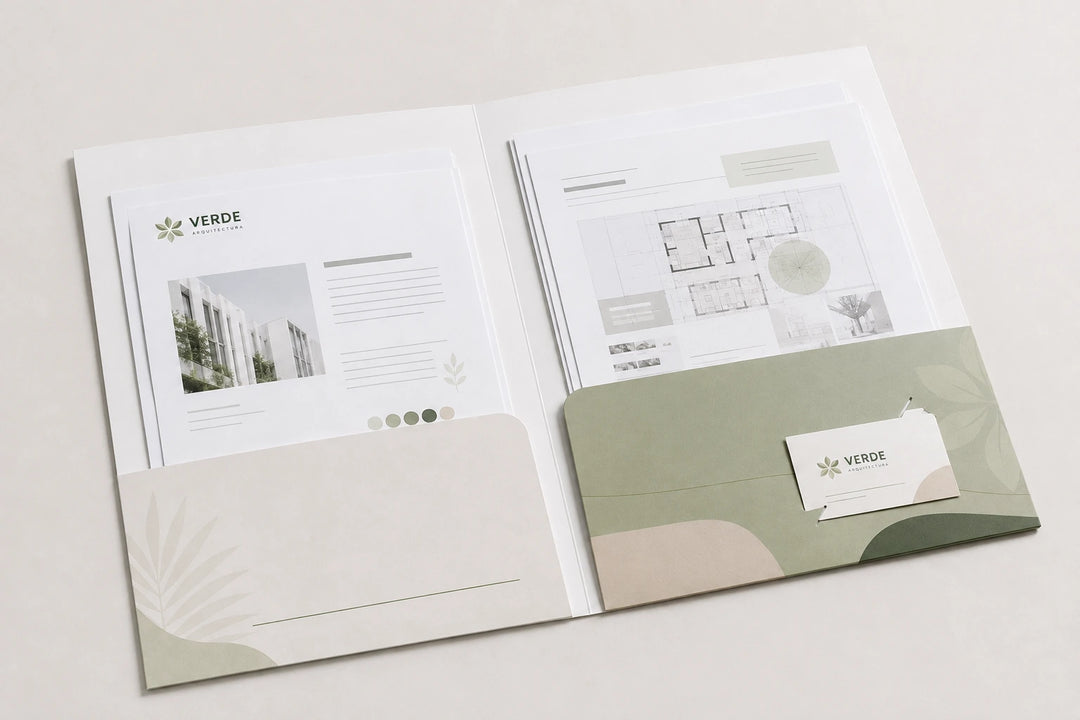 Folder de VERDE Arquitectura abierto con documentos y tarjeta de presentación en su interior.