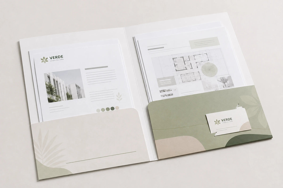 Folder de VERDE Arquitectura abierto con documentos y tarjeta de presentación en su interior.