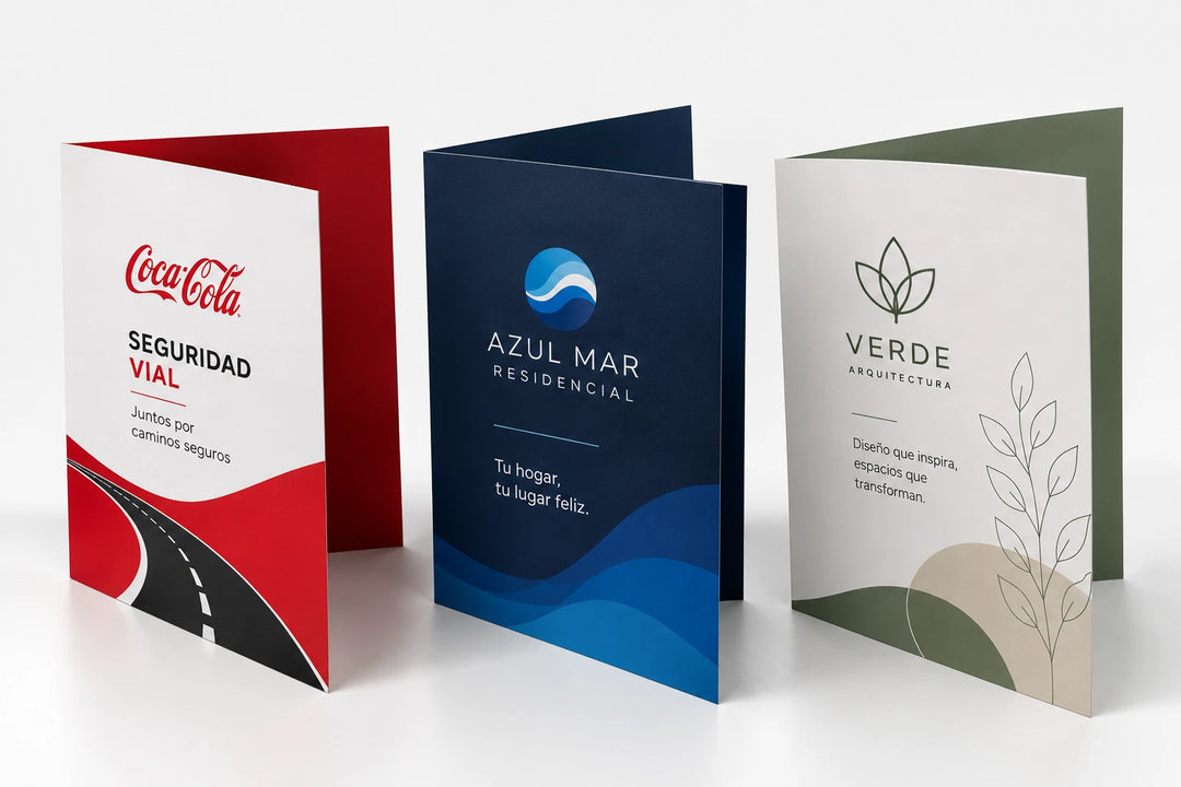 Tres folders personalizados de Coca-Cola Seguridad Vial, Azul Mar Residencial y VERDE Arquitectura.