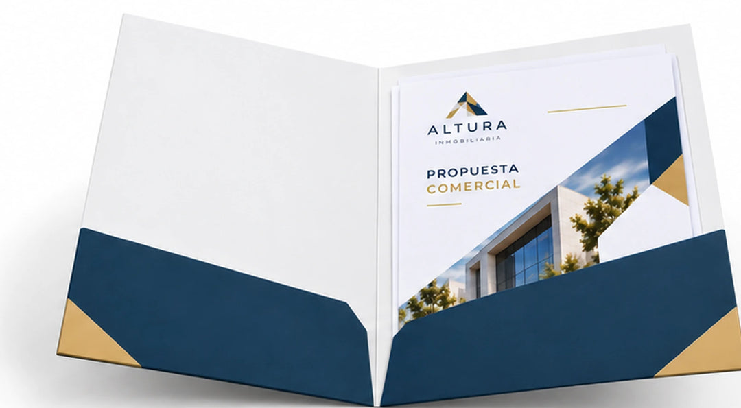 Folder corporativo de ALTURA Inmobiliaria abierto con dos solapas interiores azules.