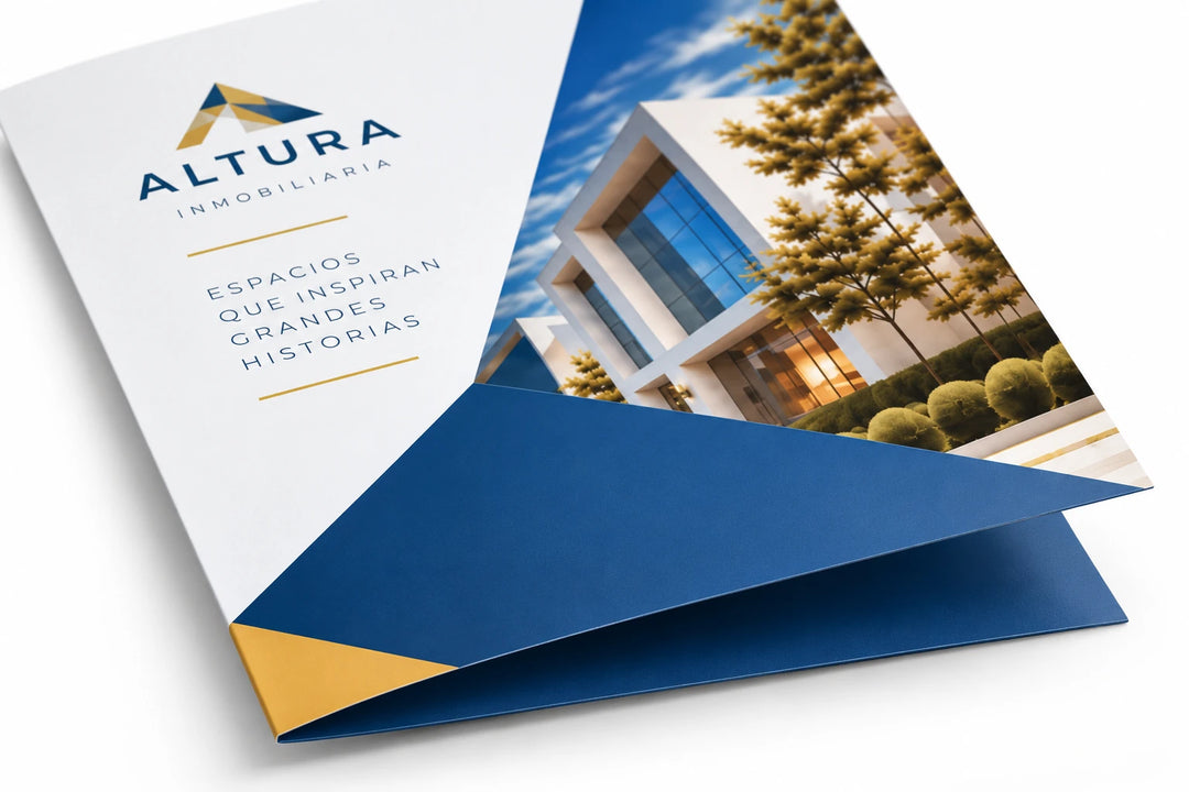 Folder personalizado de ALTURA Inmobiliaria con portada impresa a color en azul, blanco y amarillo.