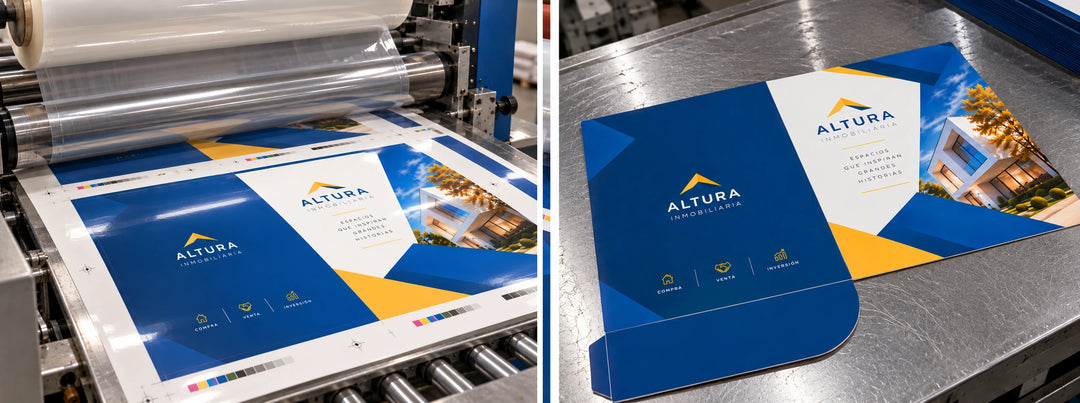 Plastificado de pliegos ALTURA y folder troquelado con solapa curva sobre una mesa metálica.