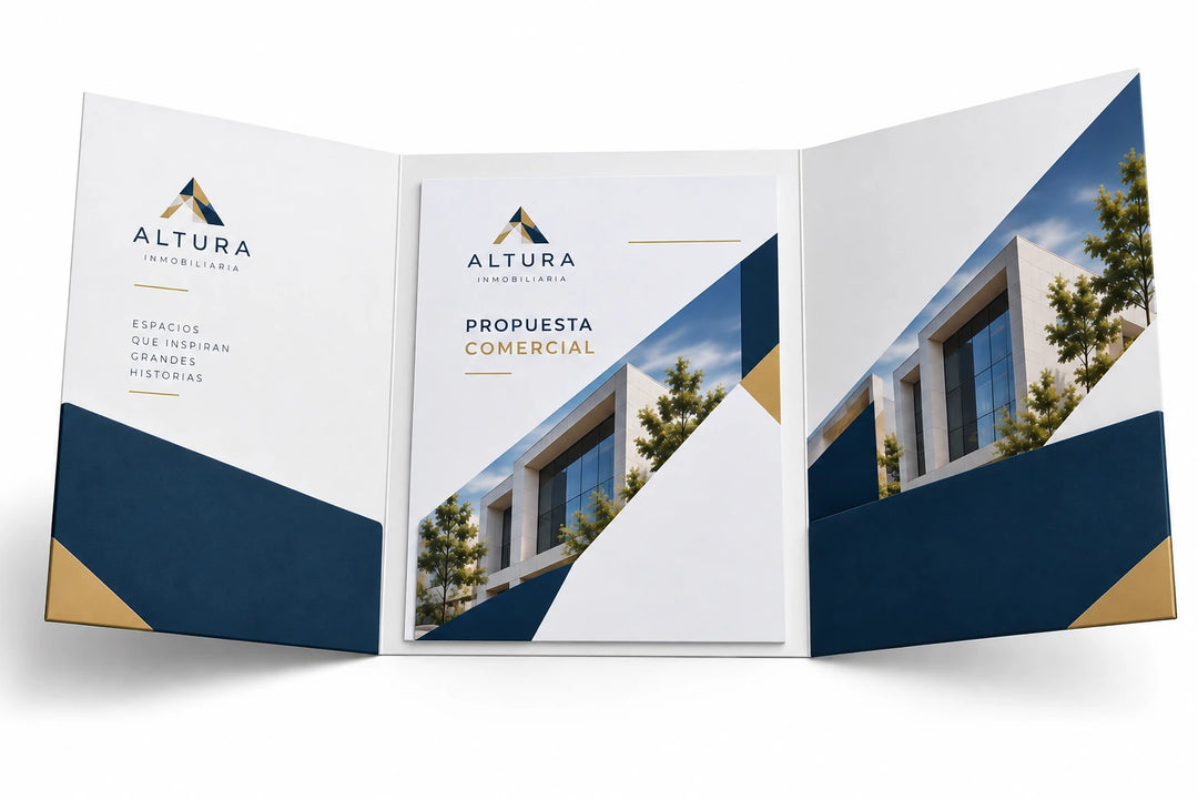 Folder tríptico personalizado de ALTURA Inmobiliaria con tres paneles impresos.