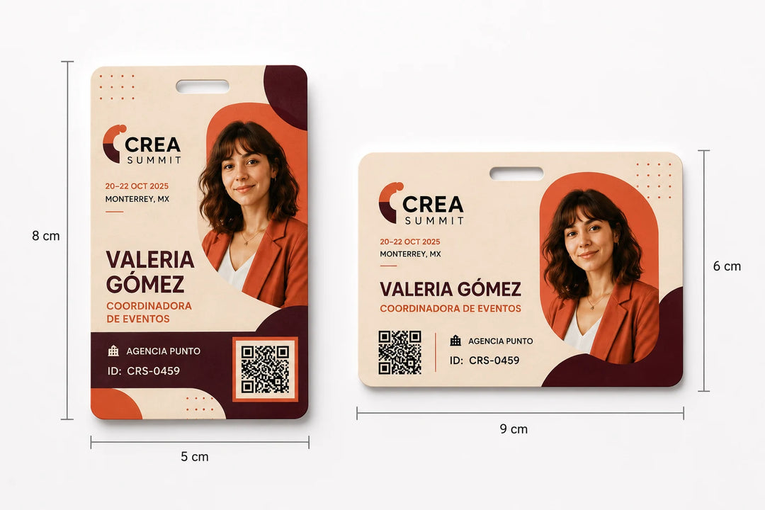Gafetes impresos en medidas estándar de 5 × 8 cm y 9 × 6 cm. 