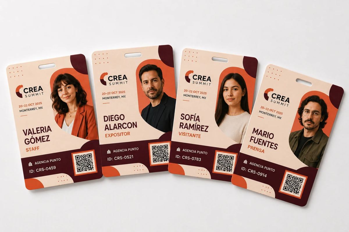  Gafetes impresos con nombres, fotografías, perfiles y códigos QR diferentes.