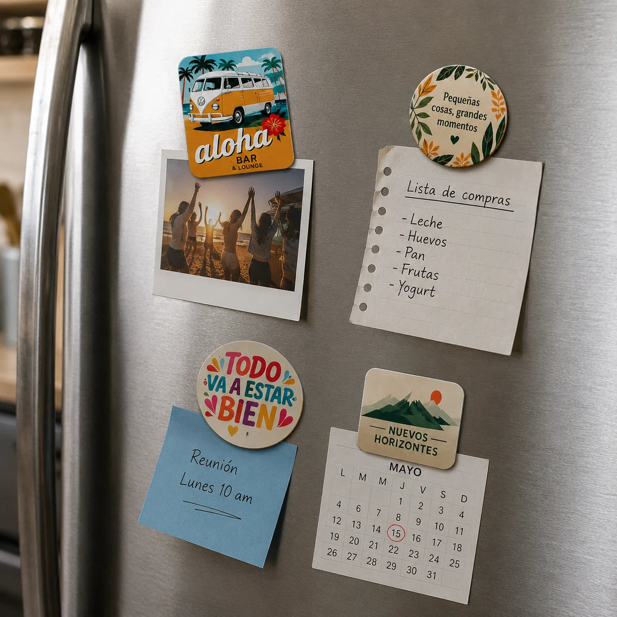 Imanes impresos sosteniendo una foto, lista y calendario sobre un refrigerador.
