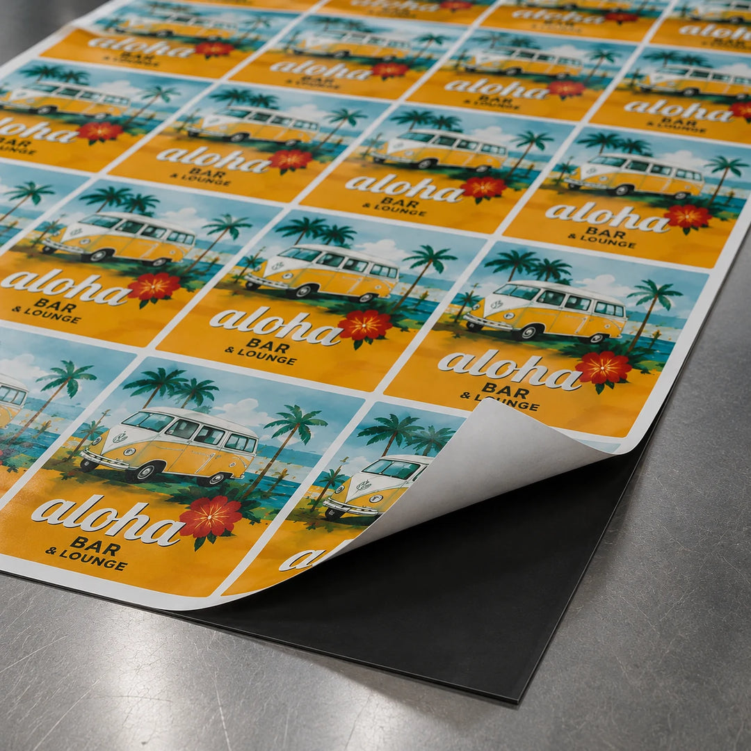 Una lámina de pegatinas o adhesivos de vinilo personalizados que presenta una escena de playa tropical de estilo retro —al estilo «Aloha Bar & Lounge»—, con una furgoneta amarilla, palmeras y flores rojas; la lámina aparece parcialmente despegada sobre una superficie negra, situada a su vez sobre una mesa gris.