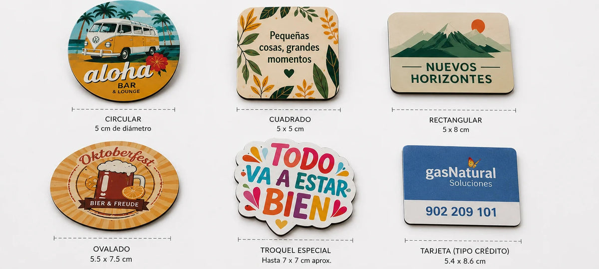 Imanes personalizados con corte recto y troquelado en distintas formas.