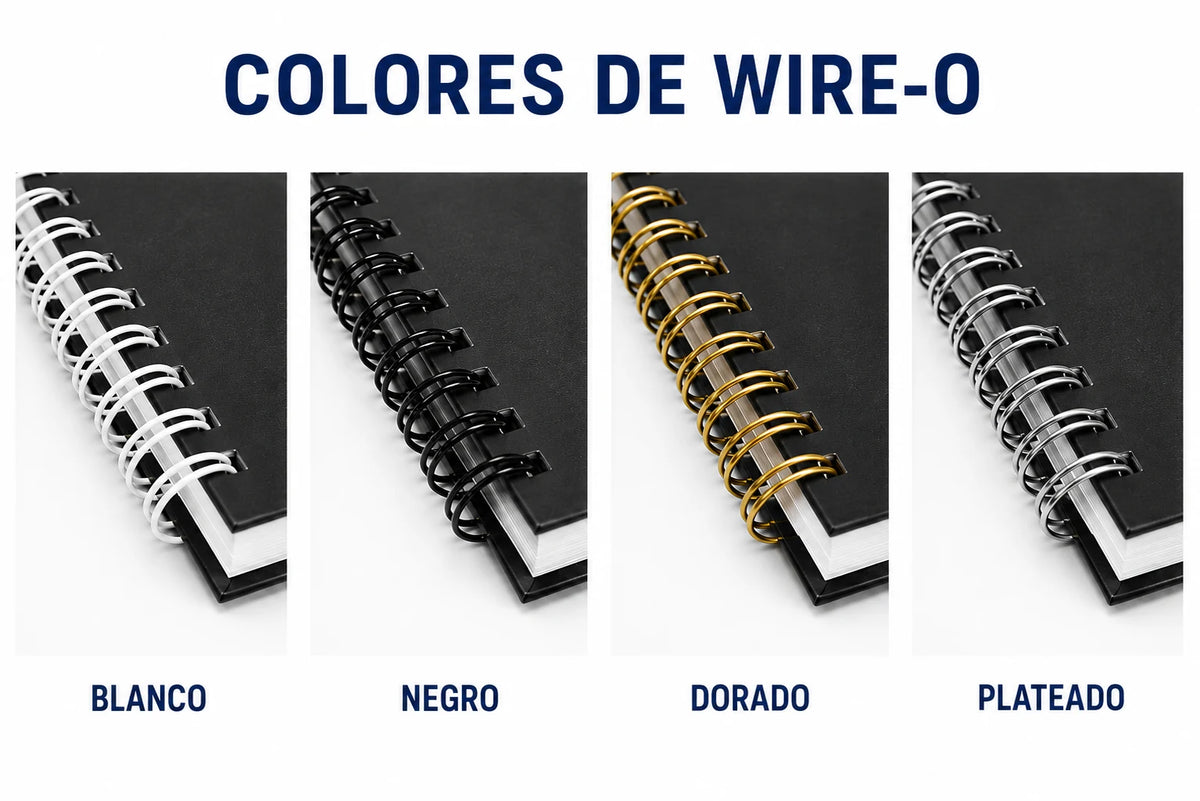  Libretas personalizadas con Wire-O blanco, negro, dorado y plateado.