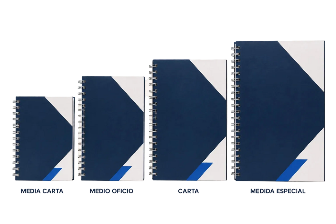 Libretas personalizadas en tamaños media carta, medio oficio, carta y medida especial.