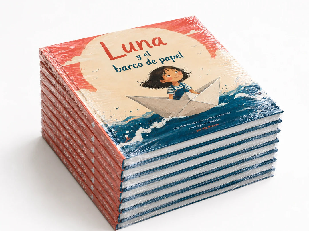 Tiraje terminado de libros infantiles de pasta dura protegido con emplaye.
