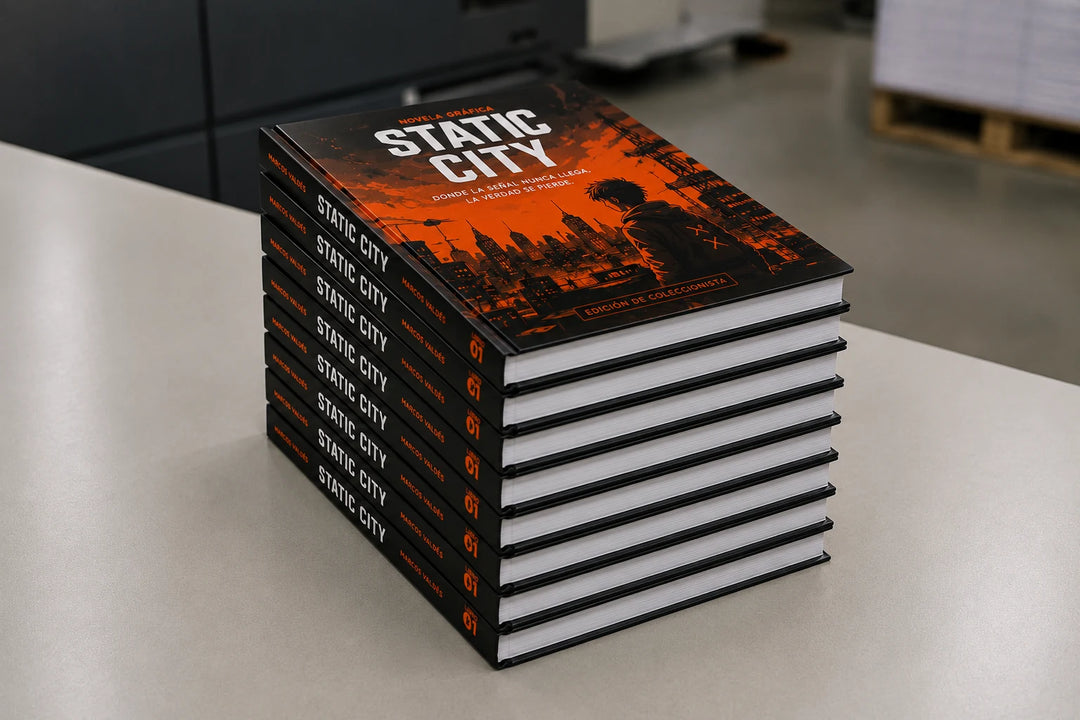 Tiraje de libros de pasta dura Static City apilados en imprenta