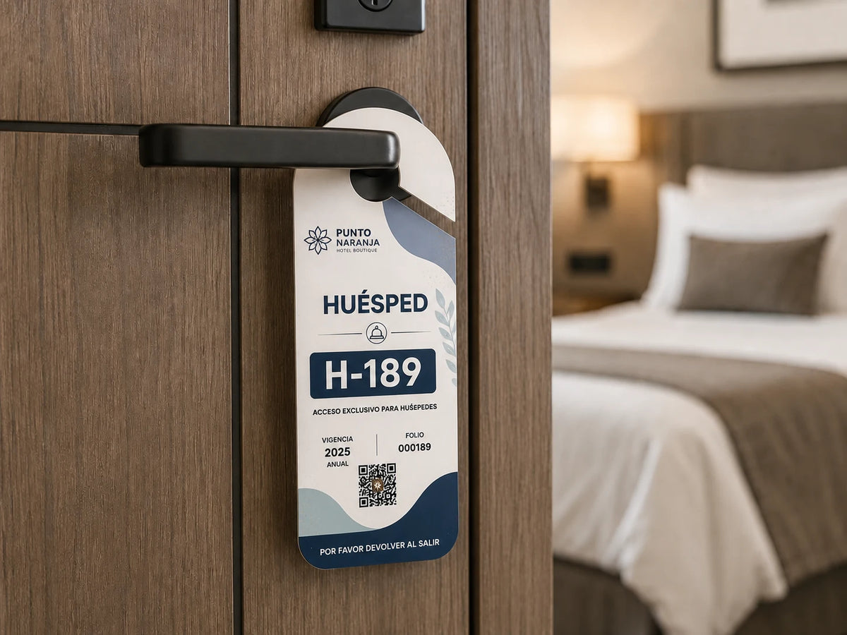  Marbete personalizado colocado en la manija de una habitación de hotel.