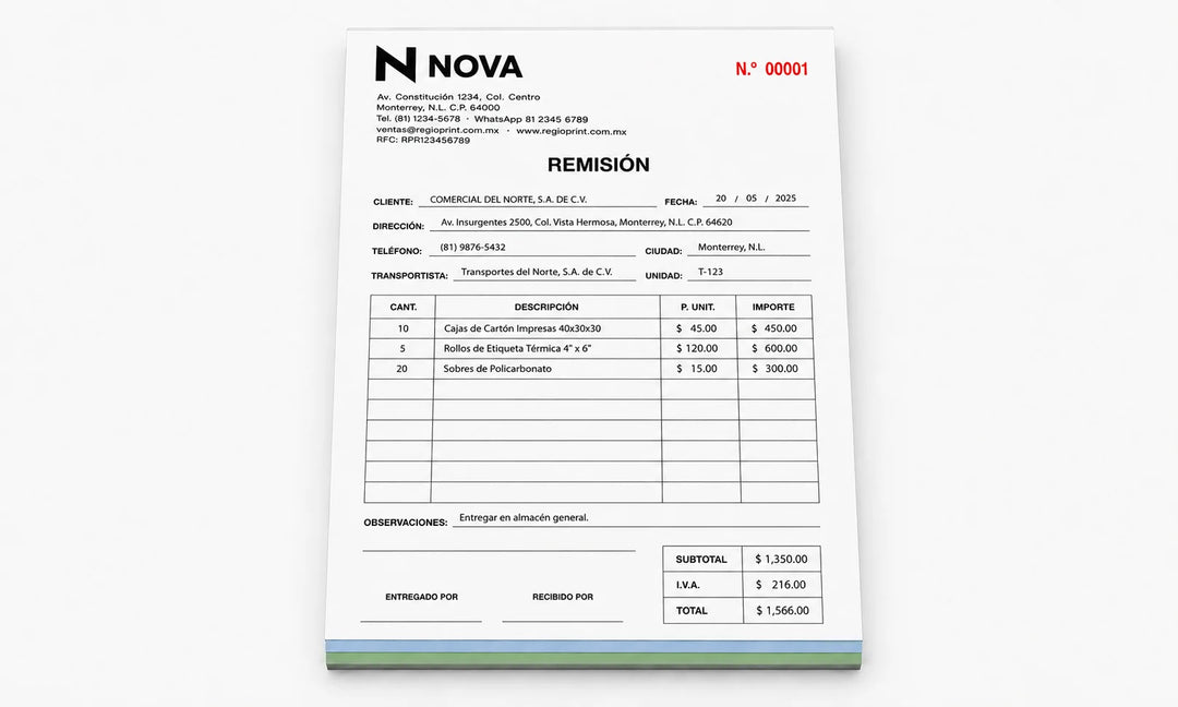 Formato personalizado de nota de remisión con datos de empresa, campos y folio.