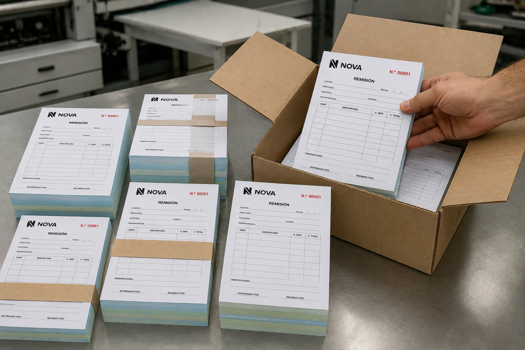 Blocks de notas de remisión terminados y preparados en caja para entrega.
