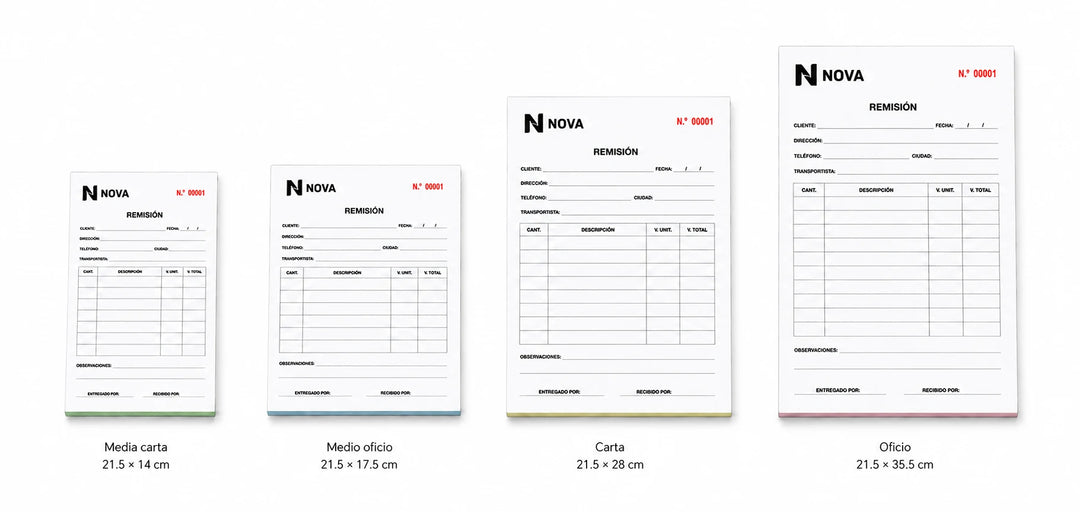 Notas de remisión en tamaños media carta, medio oficio, carta y oficio.