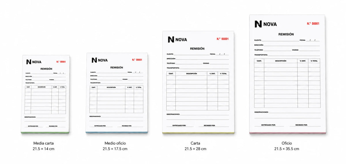 Notas de remisión en tamaños media carta, medio oficio, carta y oficio.