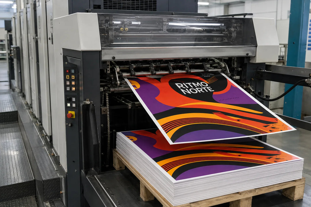 Proceso de impresión offset de pósters a color.
