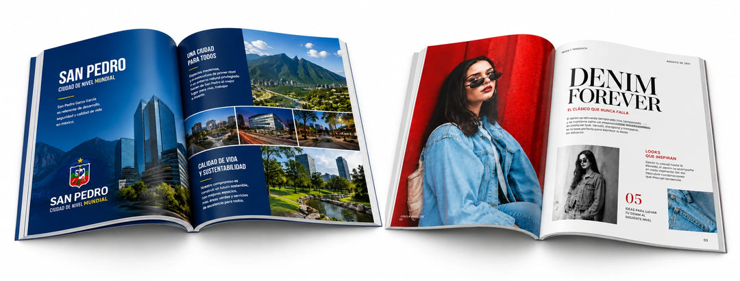 Revista institucional abierta con contenido impreso a color.Revista promocional abierta con diseño editorial a color.