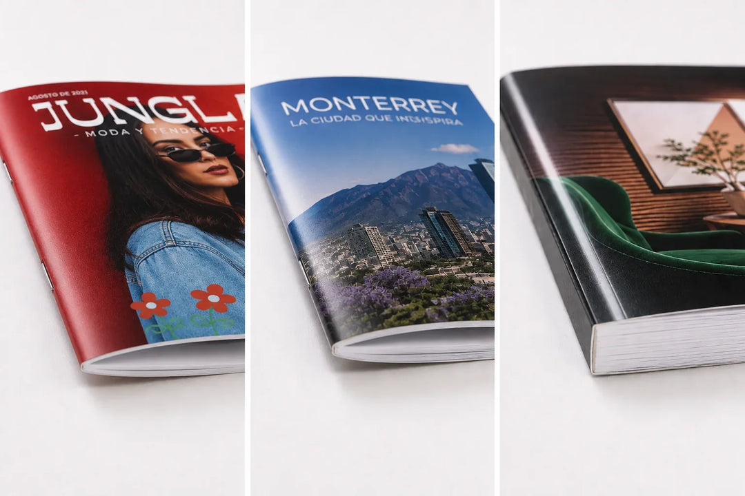  Portadas de revista con diferentes gramajes y encuadernados.
